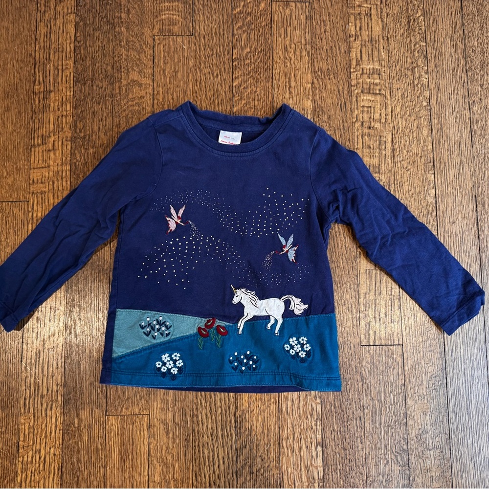 Hanna Andersson Navy Blue Unicorn & Bird Applique Long Sleeve Tee